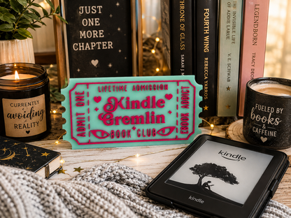 Kindle Gremlin Book Club Shelf Sitter | Bookish Reader Decor Green & Pink