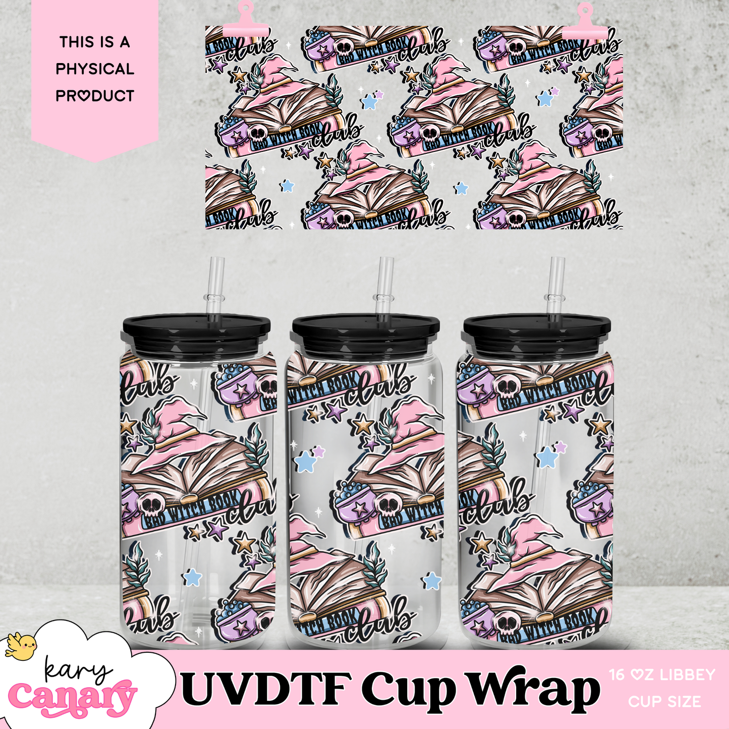 Bad Witch UV DTF Cup Wrap | 16 oz Libbey Glass Can | Witchy Pastel Book Design | Ready-to-Press Wrap