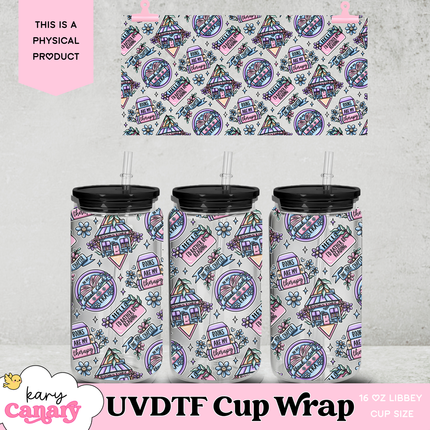 Book Therapy UV DTF Cup Wrap | 16 oz Libbey Glass Can | Pastel Book Lover Design | Ready-to-Press Wrap
