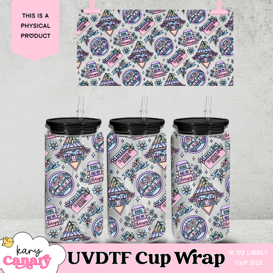 Book Therapy UV DTF Cup Wrap | 16 oz Libbey Glass Can | Pastel Book Lover Design | Ready-to-Press Wrap