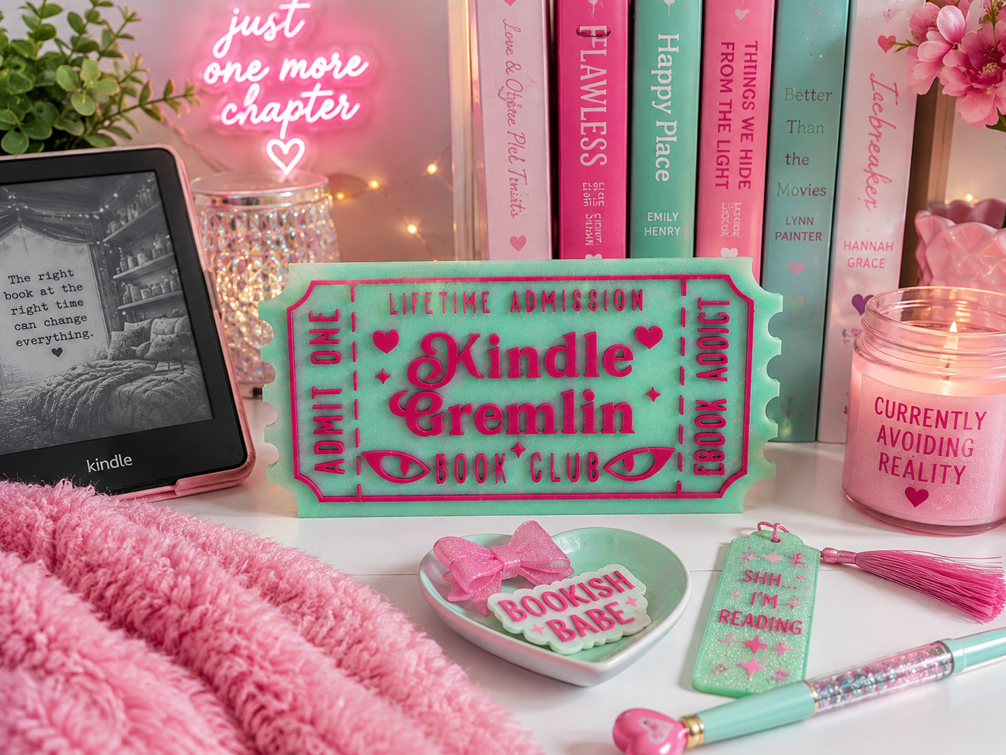 Kindle Gremlin Book Club Shelf Sitter | Bookish Reader Decor Green & Pink