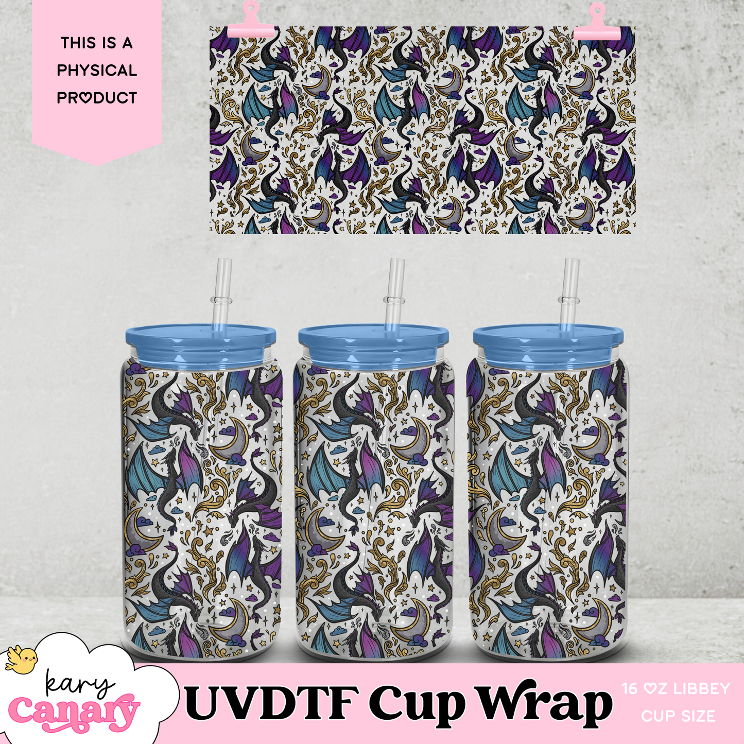 UV DTF Cup Wrap | Dragon Fantasy Design | 16oz Libbey Glass Can Wrap | Romantasy Tumbler Decal | Dragon Lover Aesthetic