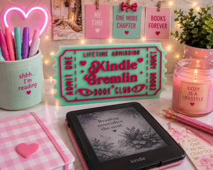 Kindle Gremlin Book Club Shelf Sitter | Bookish Reader Decor Green & Pink