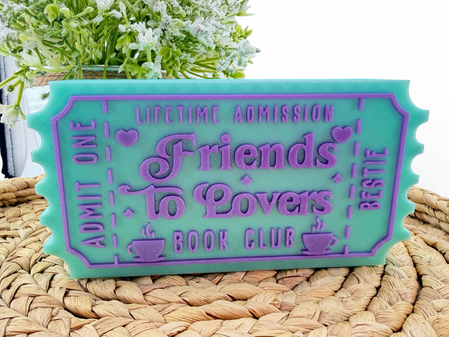 Friends to Lovers Book Club Ticket Shelf Sitter | Romance Trope Decor | Slow Burn Love Story Gift | BookTok Shelf Display