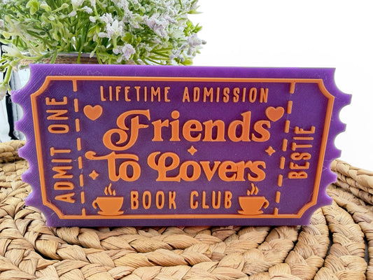 Friends to Lovers Book Club Ticket Shelf Sitter | Romance Trope Decor | Slow Burn Love Story Gift | BookTok Shelf Display