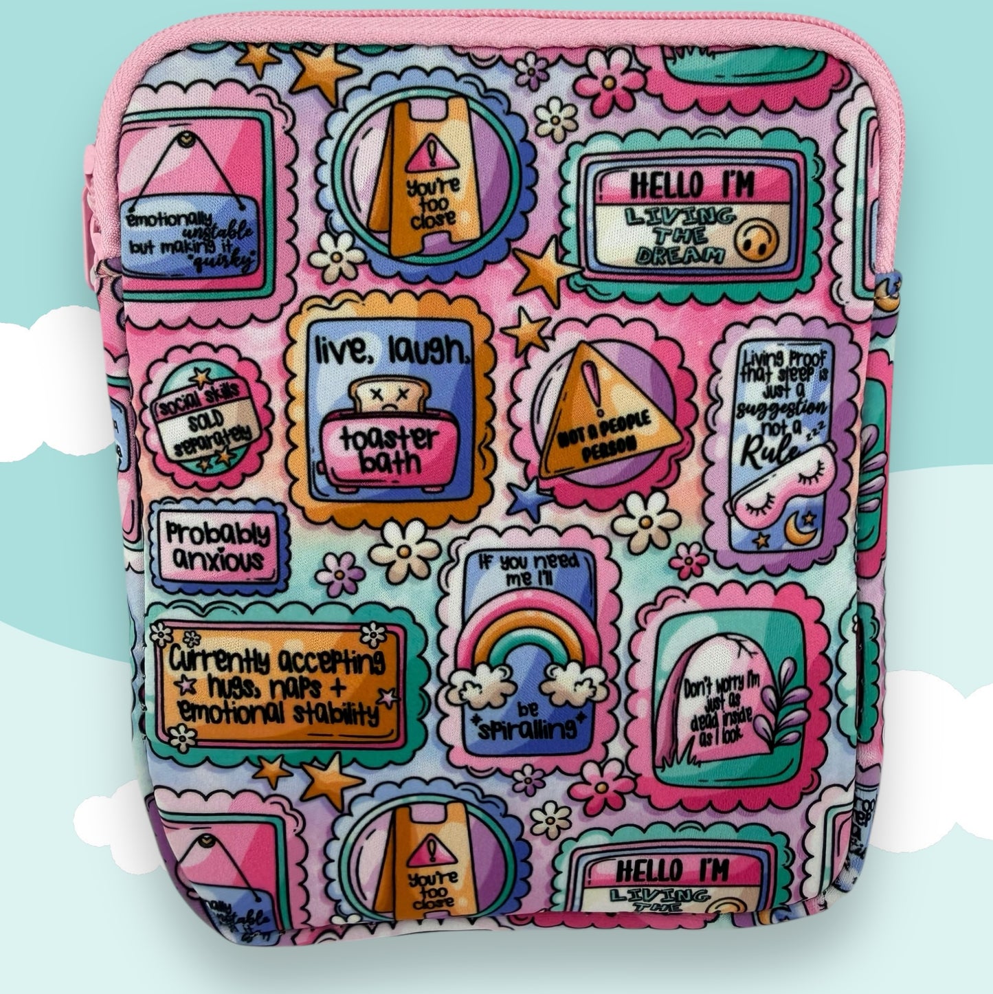 Retro Mental Health Patchwork E-Reader Case – Pastel Affirmation Sleeve