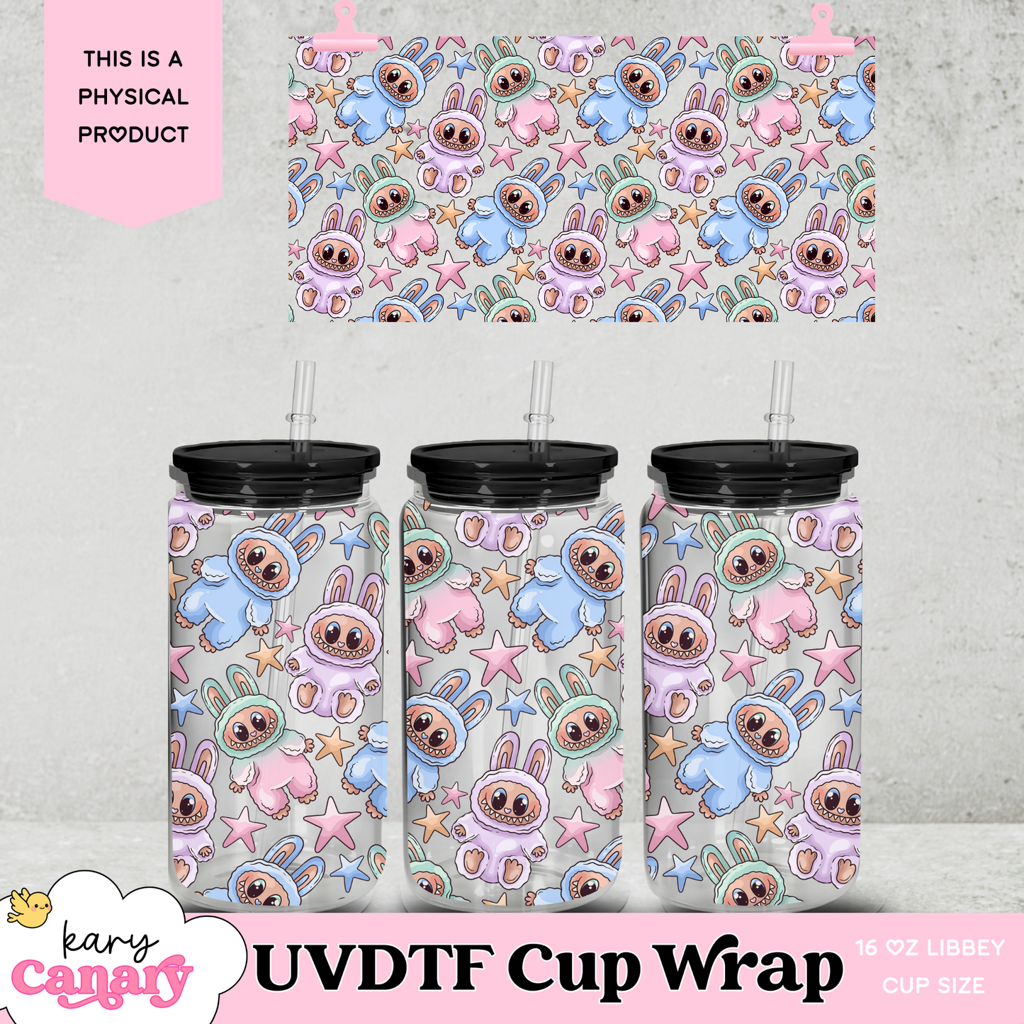 UV DTF Cup Wrap | Cute Bunny Monster Kawaii Design | 16oz Libbey Glass Can Wrap | Pastel Cartoon Tumbler Decal | Cute Aesthetic Drinkware