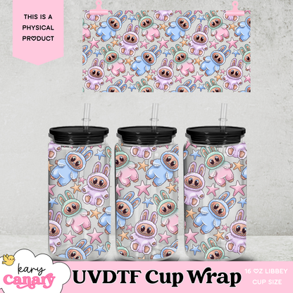 UV DTF Cup Wrap | Cute Bunny Monster Kawaii Design | 16oz Libbey Glass Can Wrap | Pastel Cartoon Tumbler Decal | Cute Aesthetic Drinkware