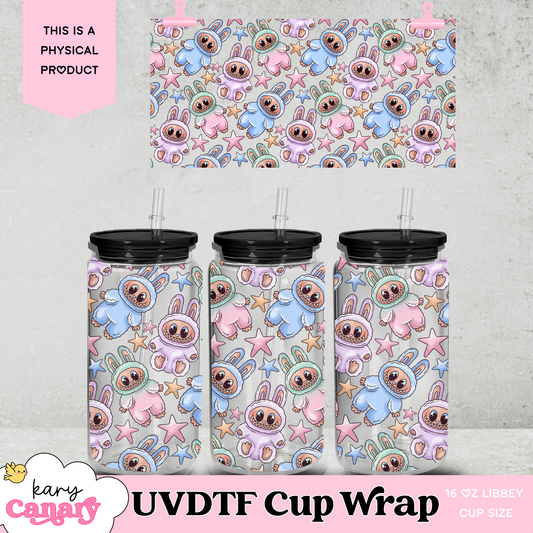 UV DTF Cup Wrap | Cute Bunny Monster Kawaii Design | 16oz Libbey Glass Can Wrap | Pastel Cartoon Tumbler Decal | Cute Aesthetic Drinkware