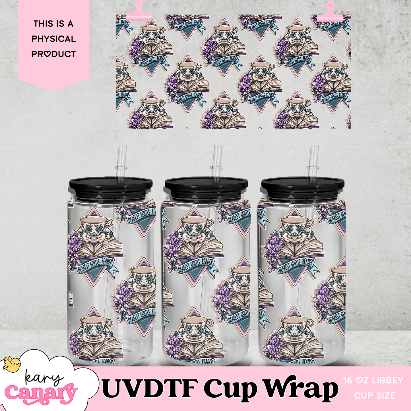 UV DTF Cup Wrap | “Dearest Gentle Reader” Bookish Design | 16oz Libbey Glass Can Wrap | Romantic Reader Aesthetic | Permanent Tumbler Decal