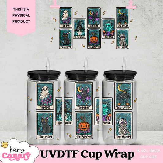 UV DTF Cup Wrap | Spooky Tarot Halloween Design | 16oz Libbey Glass Can Wrap | Witchy Cute Tumbler Decal | Ghost Bat Pumpkin Aesthetic