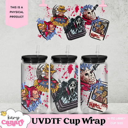 UV DTF Cup Wrap | Horror Movie Icons Design | 16oz Libbey Glass Can Wrap | Spooky Slasher Tumbler Decal | Horror Fan Drinkware