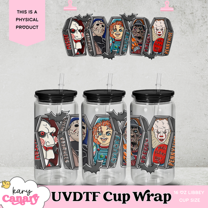 Horror Character Cup Wrap – 16 oz Libbey Glass Can | Coffin Shape Wrap, UVDTF