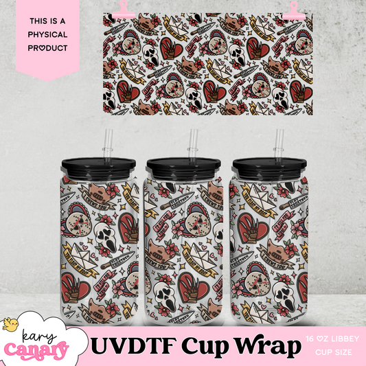 UV DTF Cup Wrap | Horror Romance “I’d Kill For You” Design | 16oz Libbey Glass Can Wrap | Spooky Cute Tumbler Decal | Valentine Goth Aesthetic