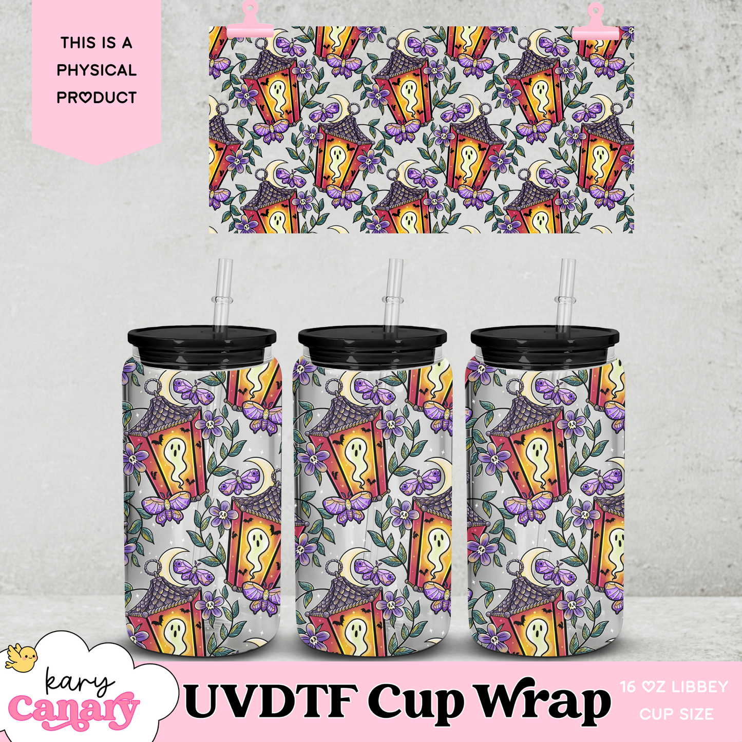 Ghost Lanterns Cup Wrap for 16 oz Libbey Glass | UV DTF Decal | Cozy Cottagecore & Pastel Goth