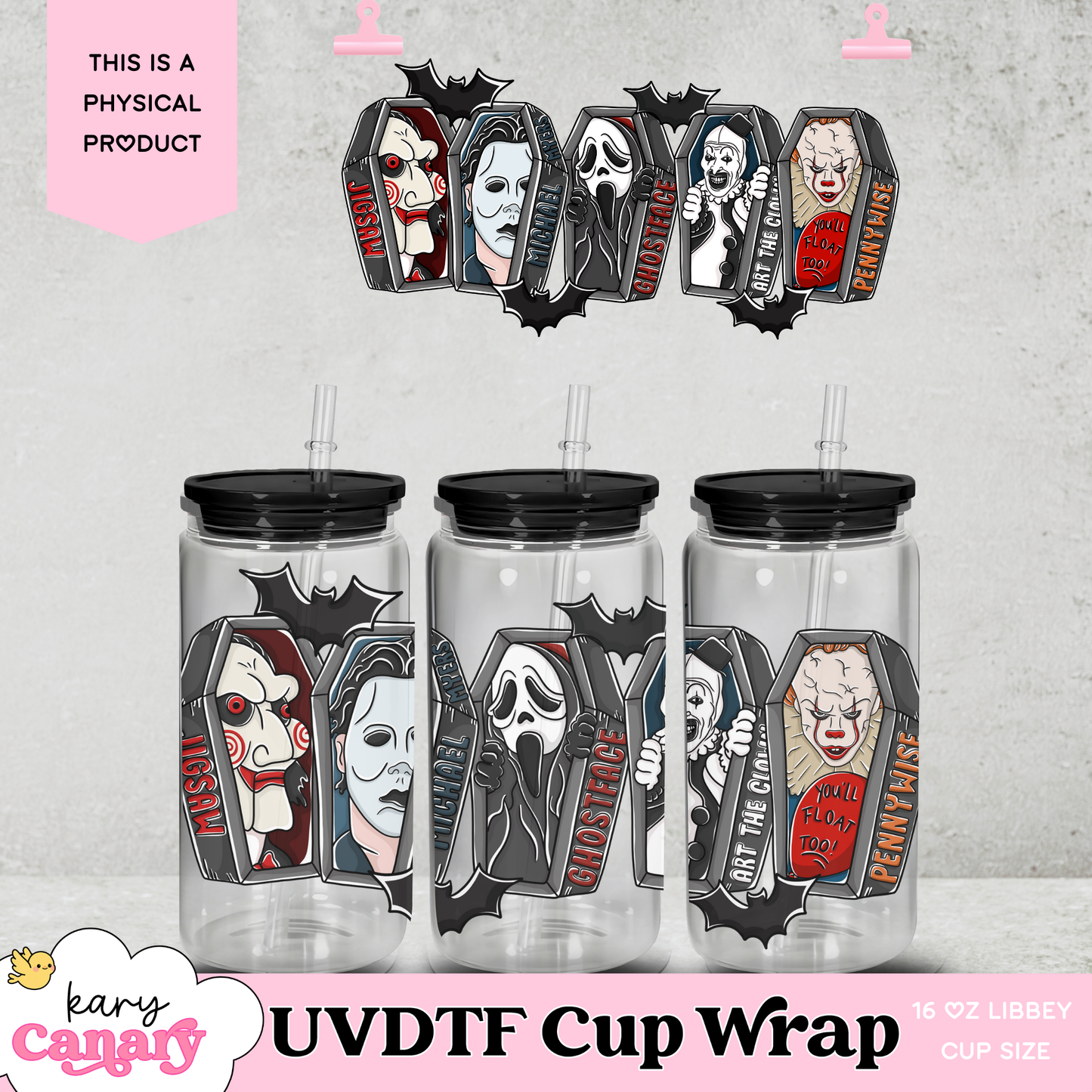 Horror Cup Wrap - 16 oz Libbey Glass Wrap | Ready to Press Waterproof Design UVDTF