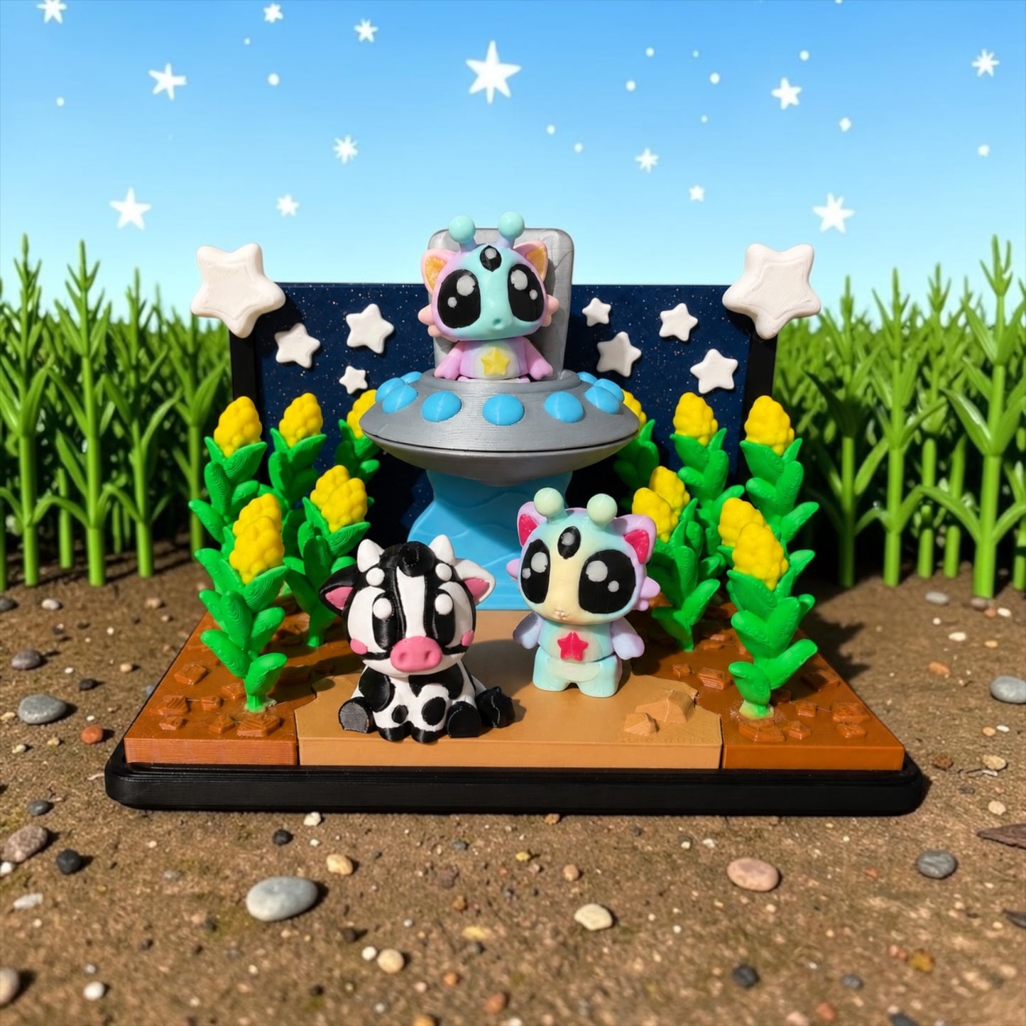 A whimsical scene featuring three cartoon-like animal figurines, including a cow, a cat, and a dog, set against a starry night sky backdrop. The figurines are surrounded by green plants and yellow flowers, creating a playful and imaginative landscape.