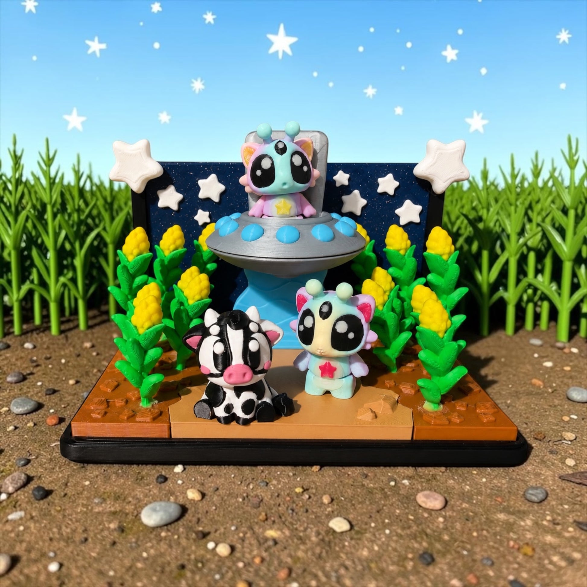A whimsical scene featuring three cartoon-like animal figurines, including a cow, a cat, and a dog, set against a starry night sky backdrop. The figurines are surrounded by green plants and yellow flowers, creating a playful and imaginative landscape.