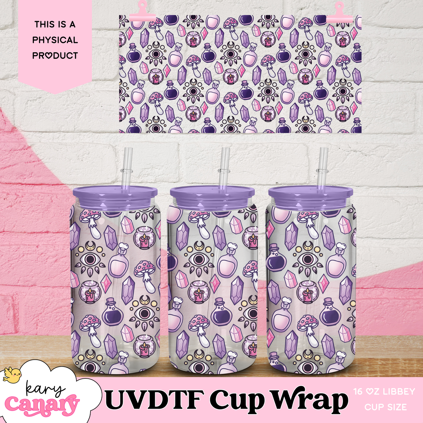 🧪 Pink Witchy Crystals UV DTF Cup Wrap | 16 oz Libbey Glass Can | 9.7 x 5” | Ready to Press