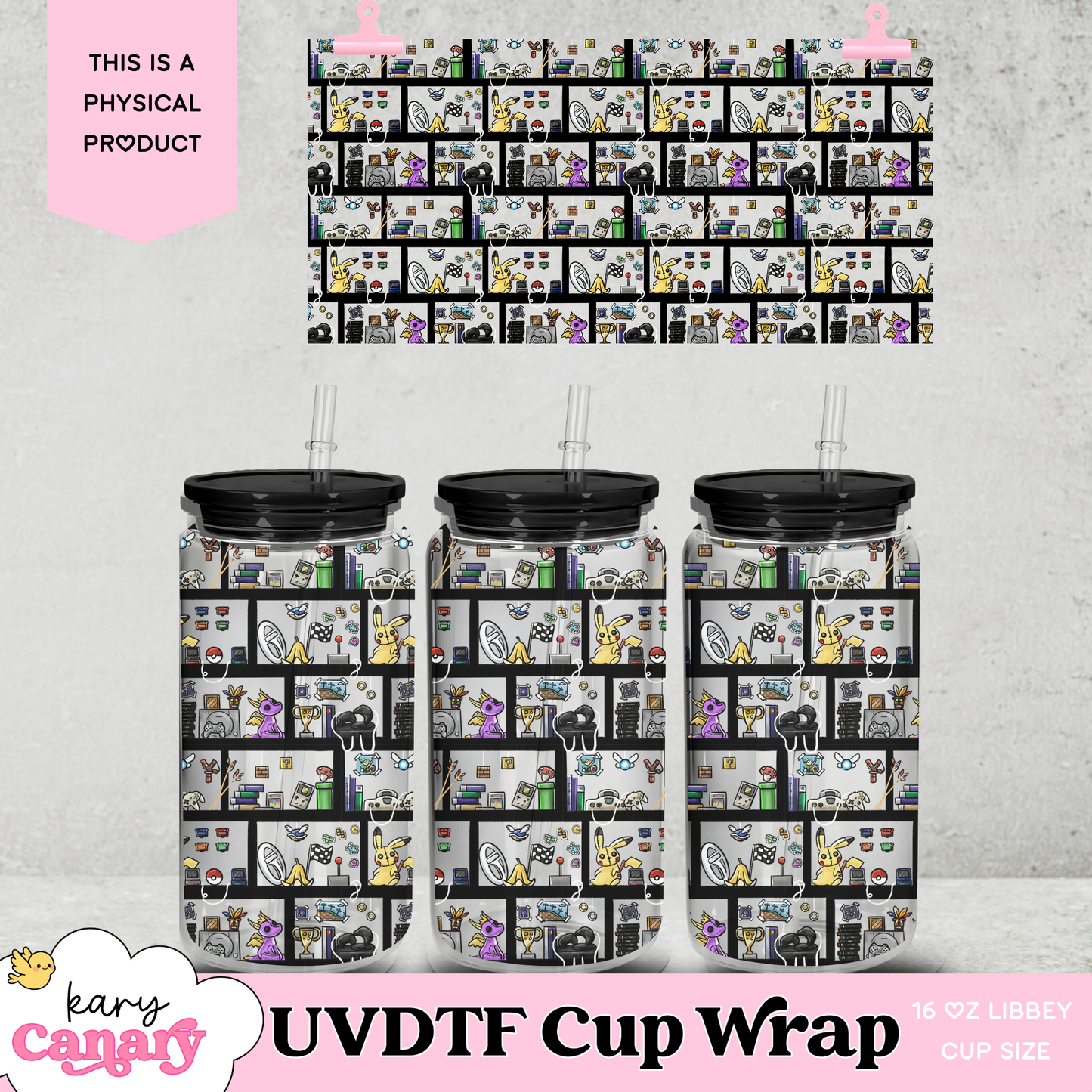 Retro Gamer Cup Wrap – 16 oz Libbey Glass Can UVDTF Glossy Waterproof Wrap