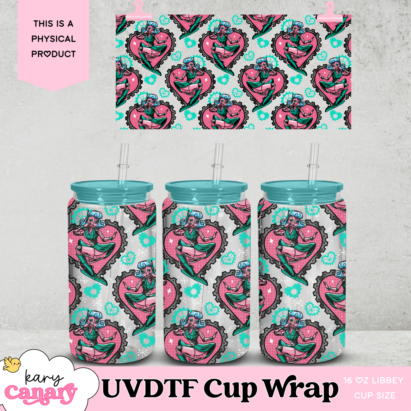 🤖 Robo Babe UV DTF Cup Wrap | 16 oz Libbey Glass Can | 9.7 x 5” | Retro Sci-Fi Girl | Ready to Press Decal