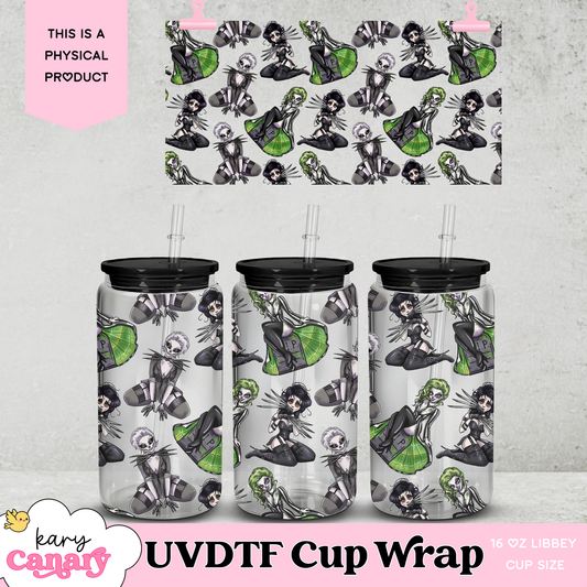 🖤 Tim Burton Babes UV DTF Cup Wrap | 16 oz Libbey Glass Can | 9.7 x 5” | Gothic Glam | Ready to Press Decal