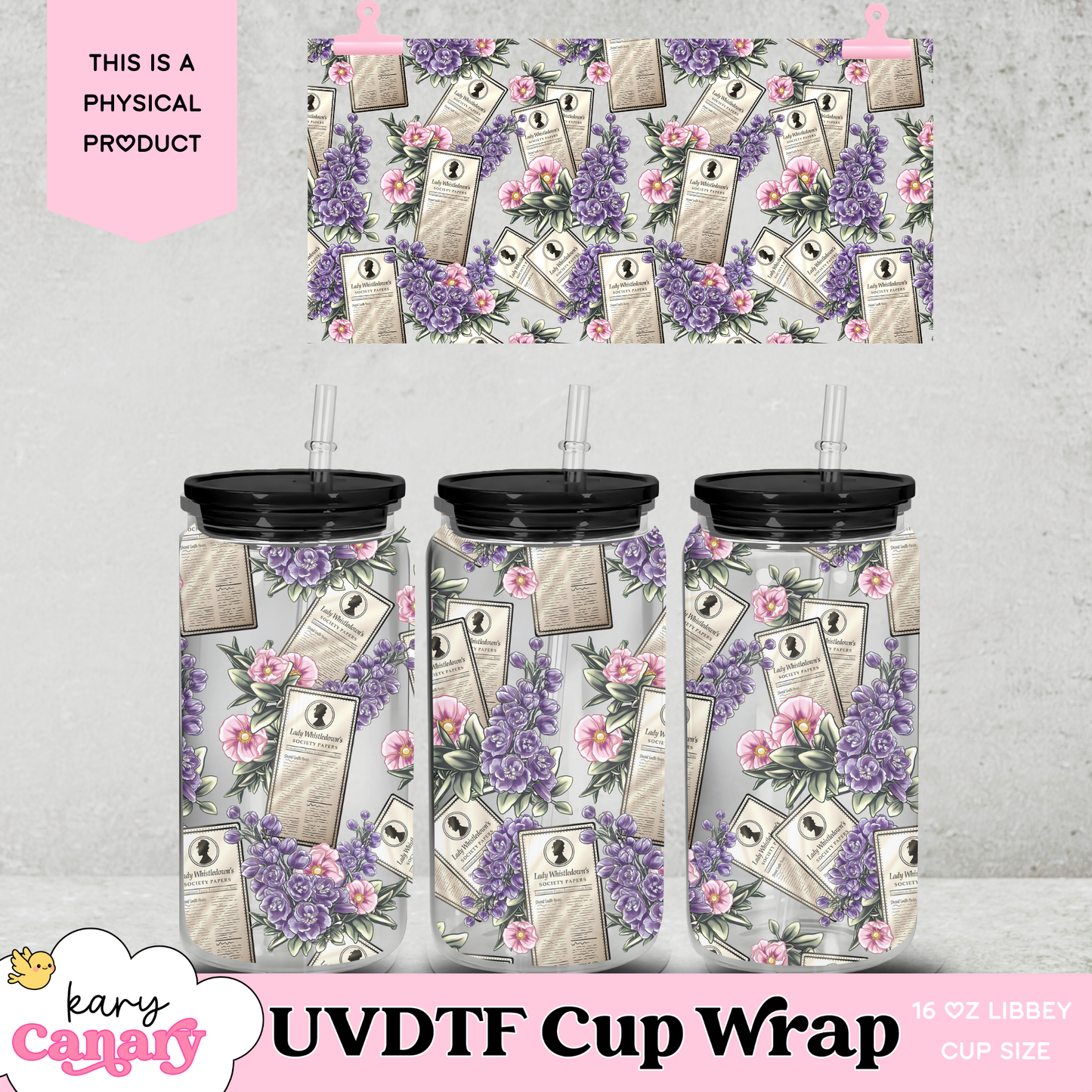 UV DTF Cup Wrap – 16 oz Libbey Glass Wrap | Vintage Floral Design | Ready To Press Whistledown