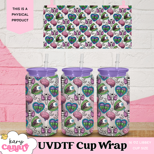 🧠  Zombie Love UV DTF Cup Wrap | 16 oz Libbey Glass Can | 9.7 x 5” | Creepy Cute | Ready to Press Decal