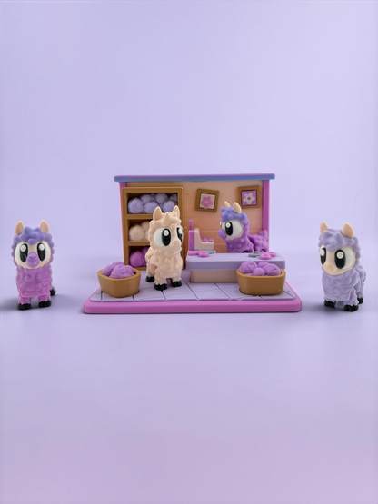 A toy shop scene with four small toy llamas in various colors, including purple, pink, and white, arranged in front of a pink and purple toy shop display.