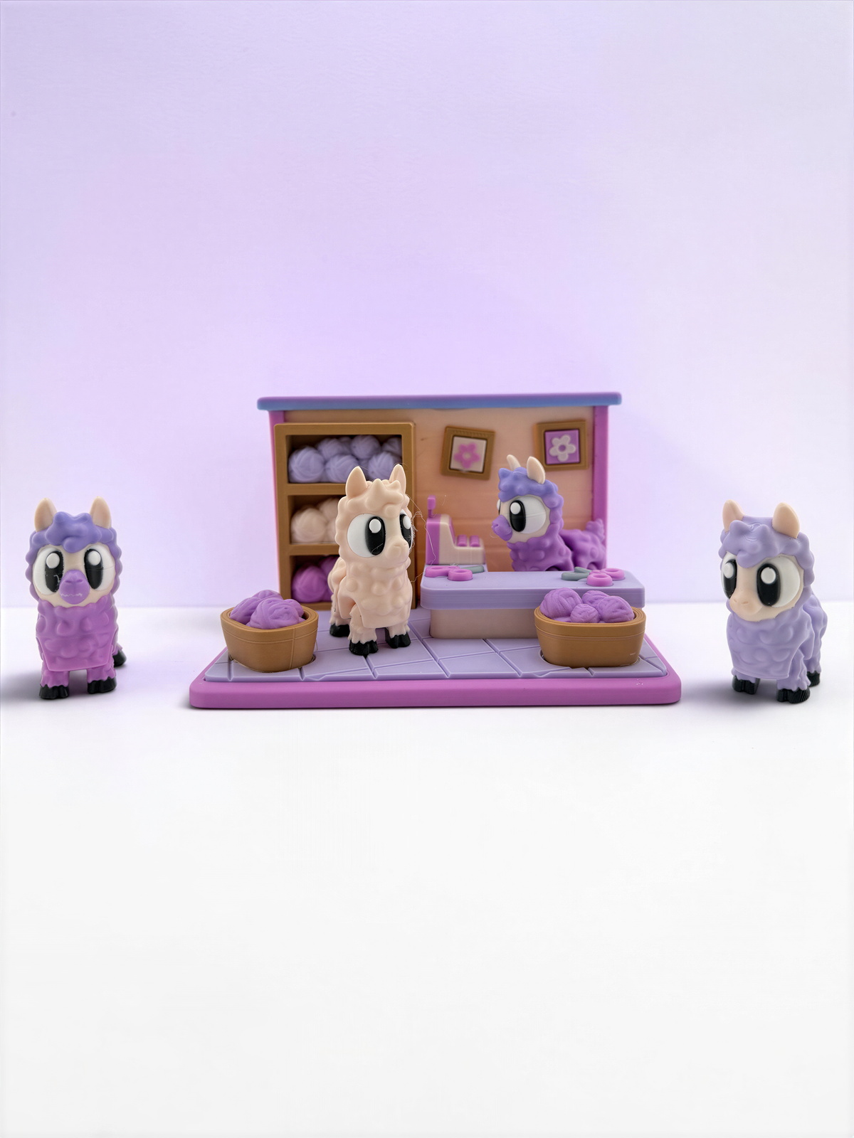 A toy shop scene with four purple and pink llama figurines arranged on a purple counter.