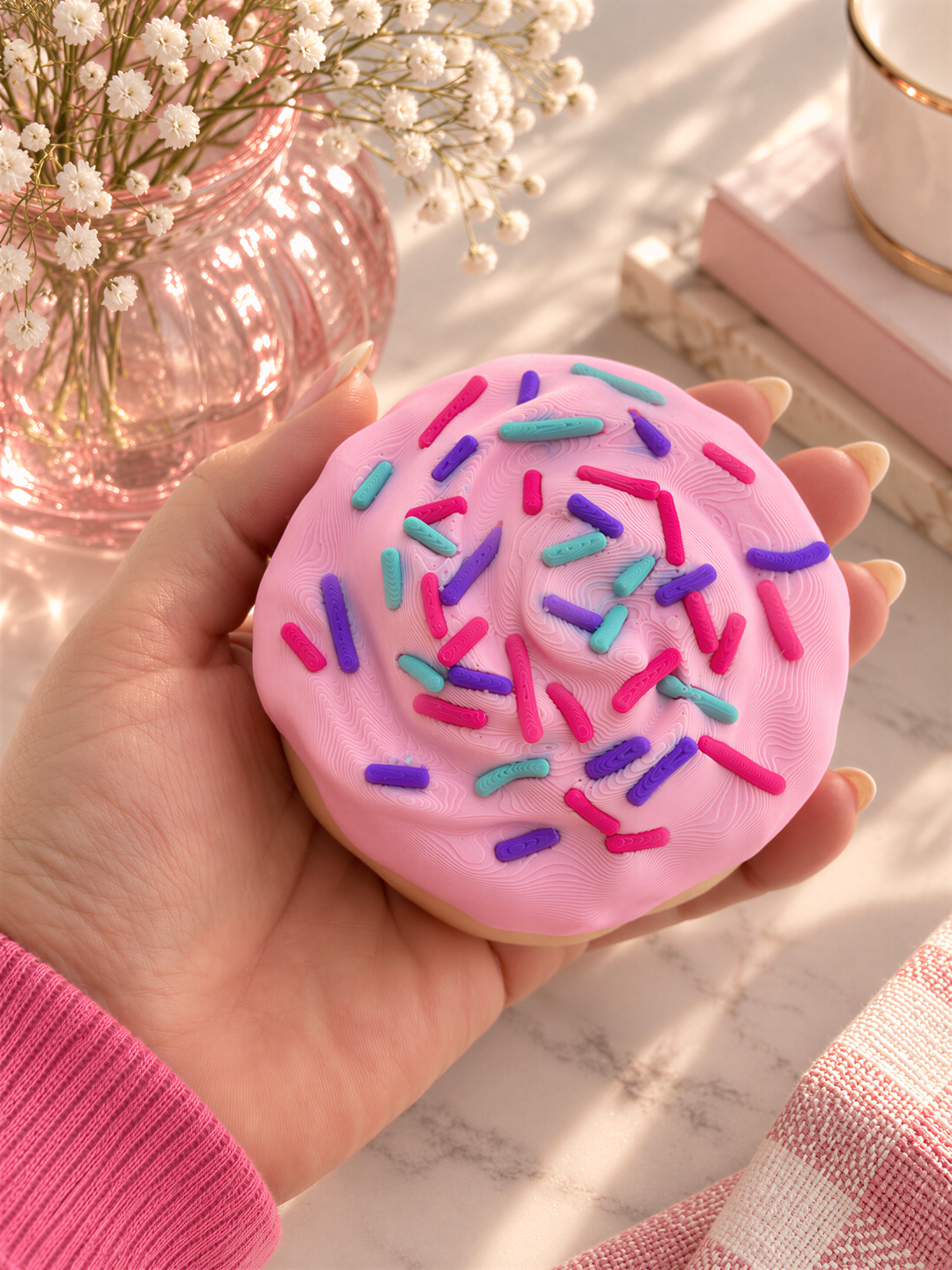 A hand holding a pink frosted donut with colorful sprinkles, placed on a table with a vase of flowers and other decorative items.
