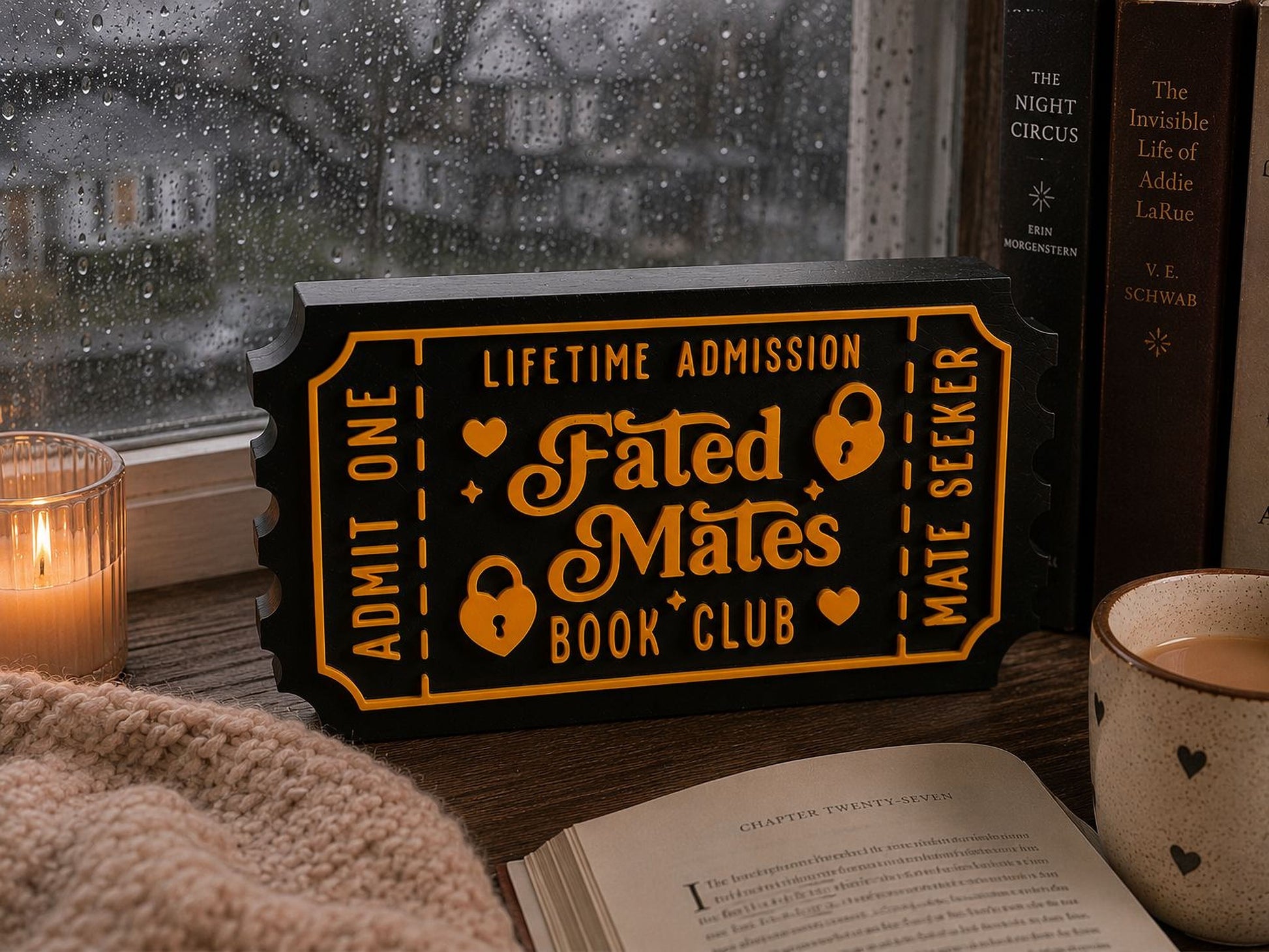 a black and orange ticket-shaped sign that says "Fated Mates Book Club" on a wooden surface, with a candle, a mug, and a book nearby.