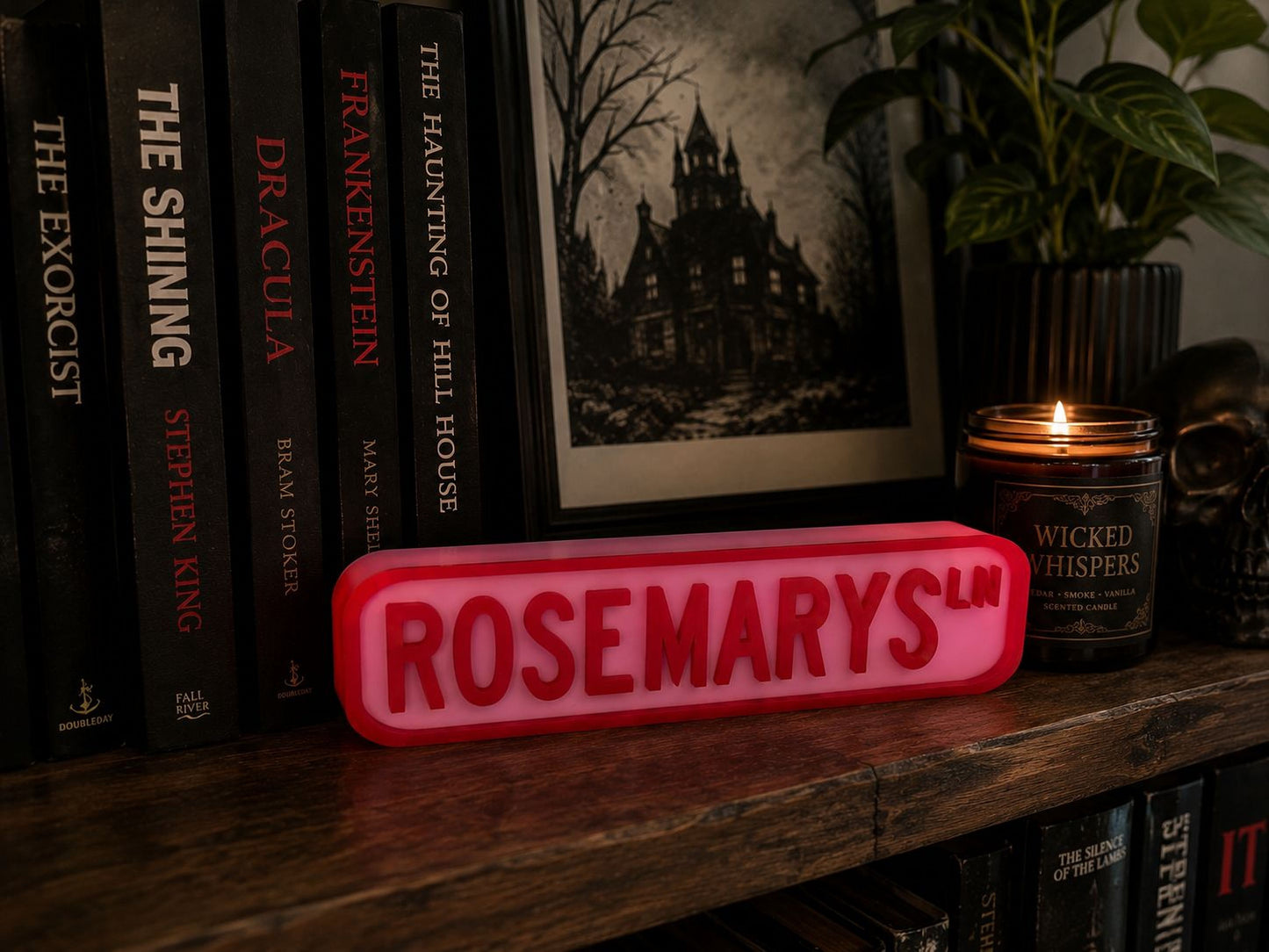 a bookshelf with several books, a candle, and a framed picture of a castle. The bookshelf is filled with books, and there is a red sign with the word "ROSEMARYS" on it.