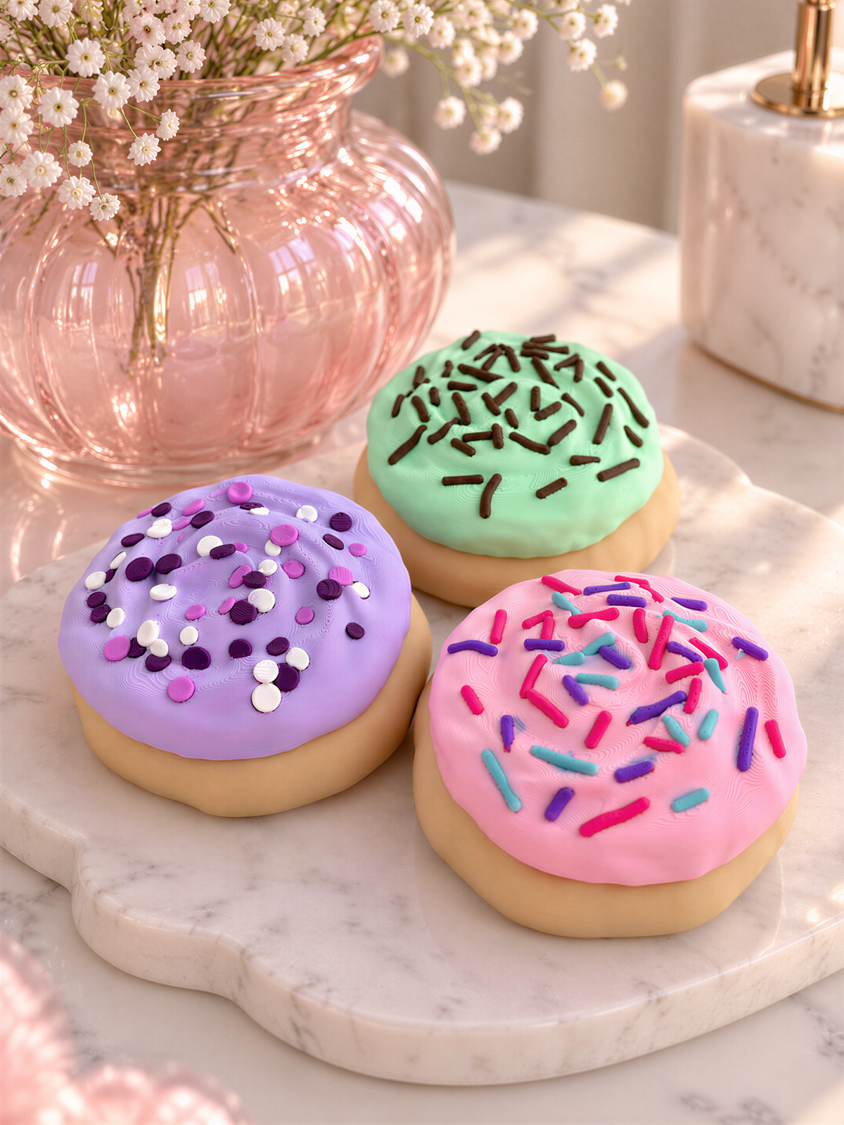 three colorful donut-shaped pastries with different frosting and sprinkles, arranged on a marble surface.