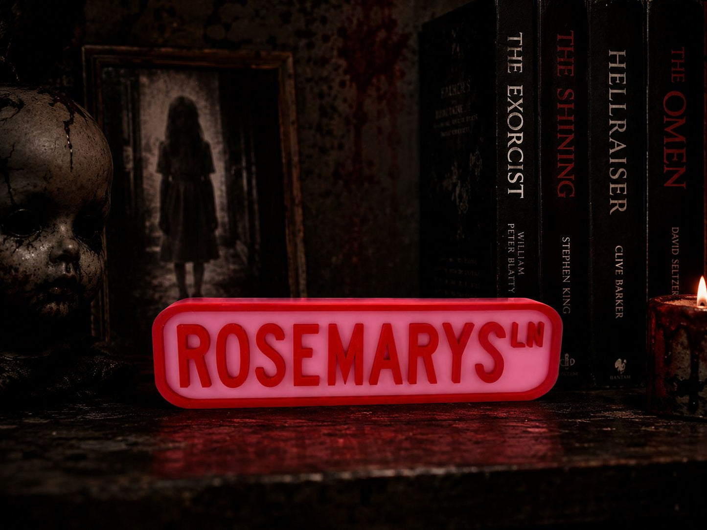 a red sign with the word "ROSEMARYS" on it, surrounded by a dark, spooky atmosphere with a creepy doll and a lit candle.
