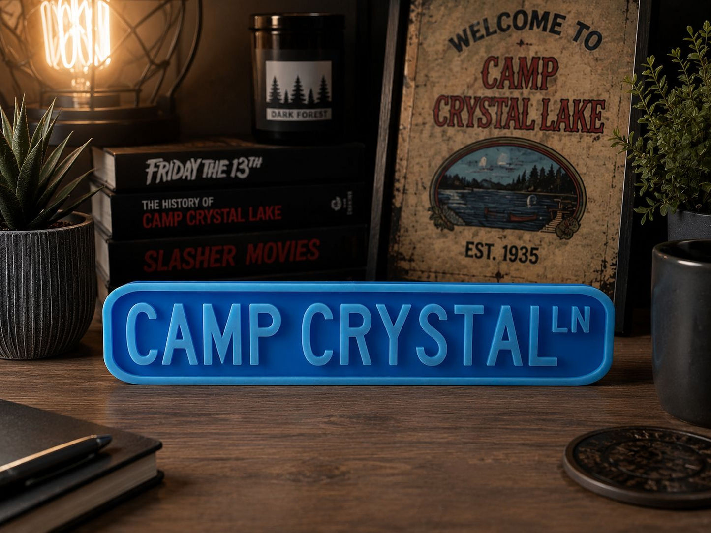 a sign that reads "CAMP CRYSTAL" in large blue letters, surrounded by various items such as books, a candle, and a plant.
