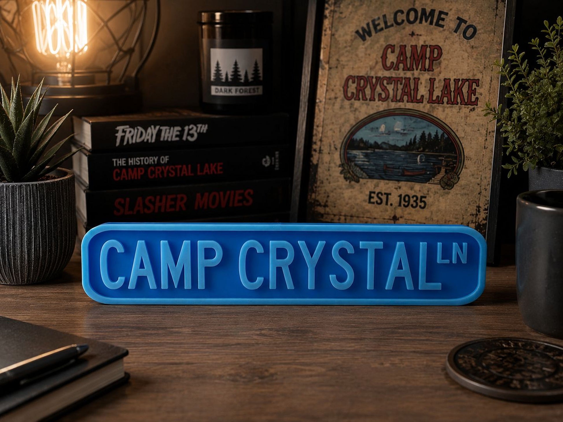a sign that reads "CAMP CRYSTAL" in large blue letters, surrounded by various items such as books, a candle, and a plant.