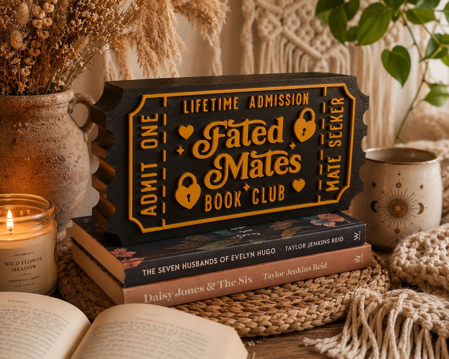 a stack of books, a candle, and a decorative ticket-shaped sign for a book club, all arranged on a woven mat.