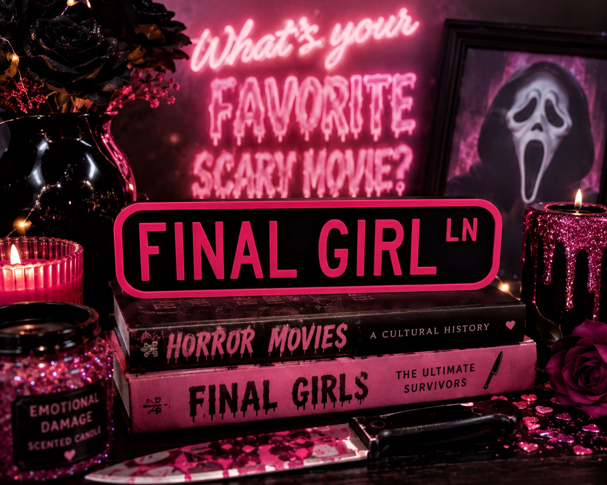 a collection of items related to the movie "Final Girl", including a sign, a book, a framed image, and some candles. The sign reads "What's your favorite scary movie?" and the book is titled "Final Girl LN". The framed image shows a silhouette of a person with a distressed expression, and the candles have a pink and purple color scheme.