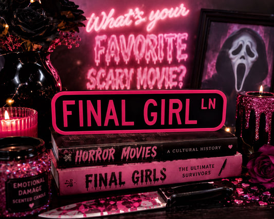 a collection of items related to the movie "Final Girl", including a sign, a book, a framed image, and some candles. The sign reads "What's your favorite scary movie?" and the book is titled "Final Girl LN". The framed image shows a silhouette of a person with a distressed expression, and the candles have a pink and purple color scheme.