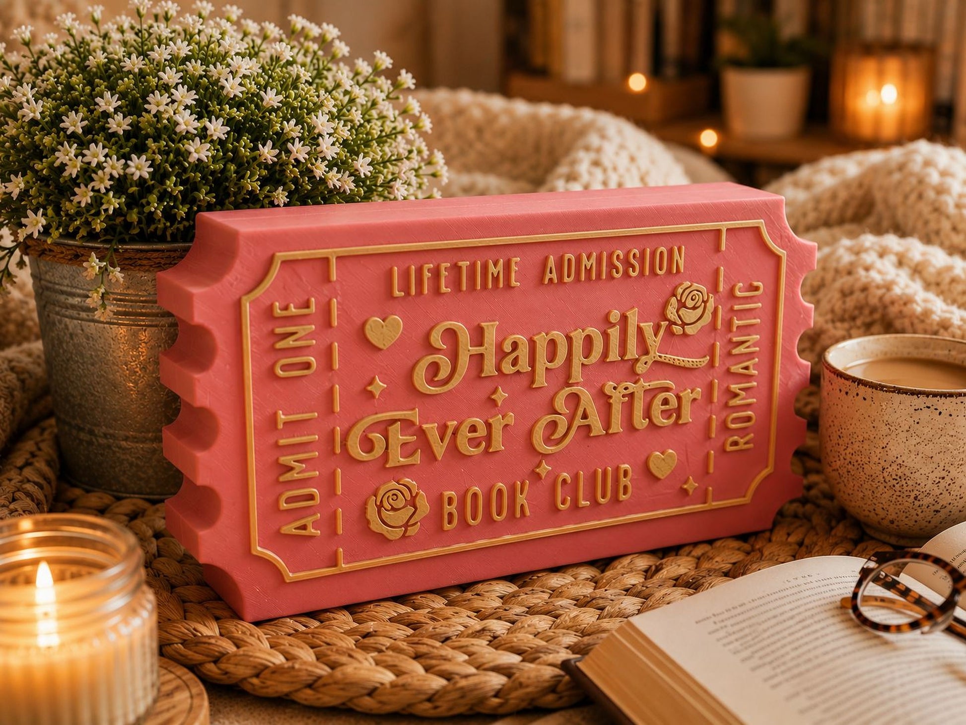 a pink ticket-shaped object with gold lettering, placed on a woven mat, surrounded by various objects such as a potted plant, a cup, and a book.