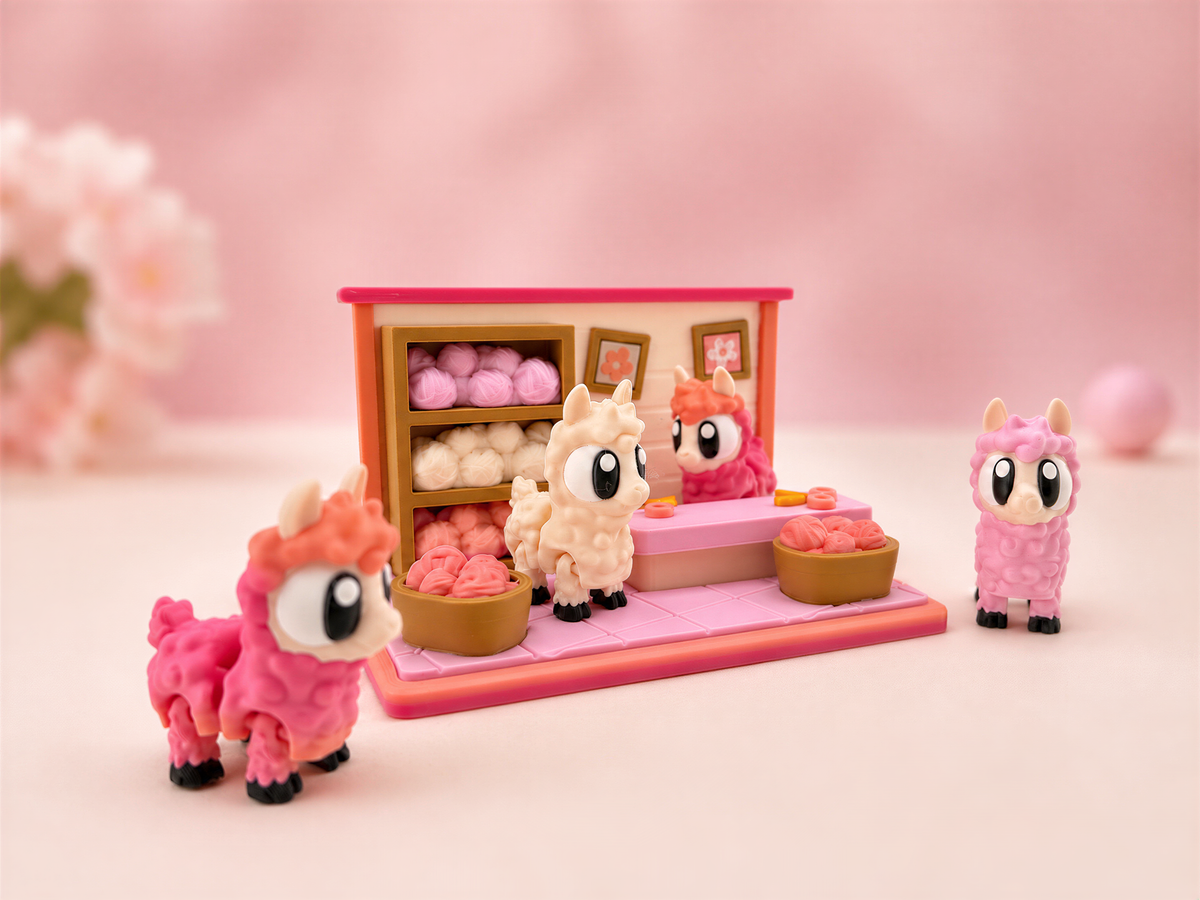 A group of colorful toy llamas standing in front of a pink and orange toy store display.
