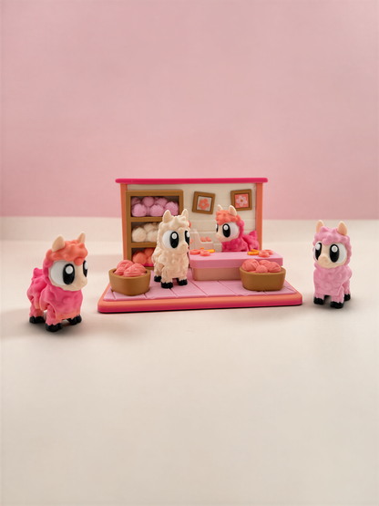 A pink toy shop with three small pink toy animals, including a pink bunny, a pink llama, and a pink pig, arranged on a pink and white background.