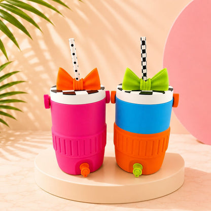 Two colorful, patterned drink cups with straws are placed on a white pedestal against a pink background.