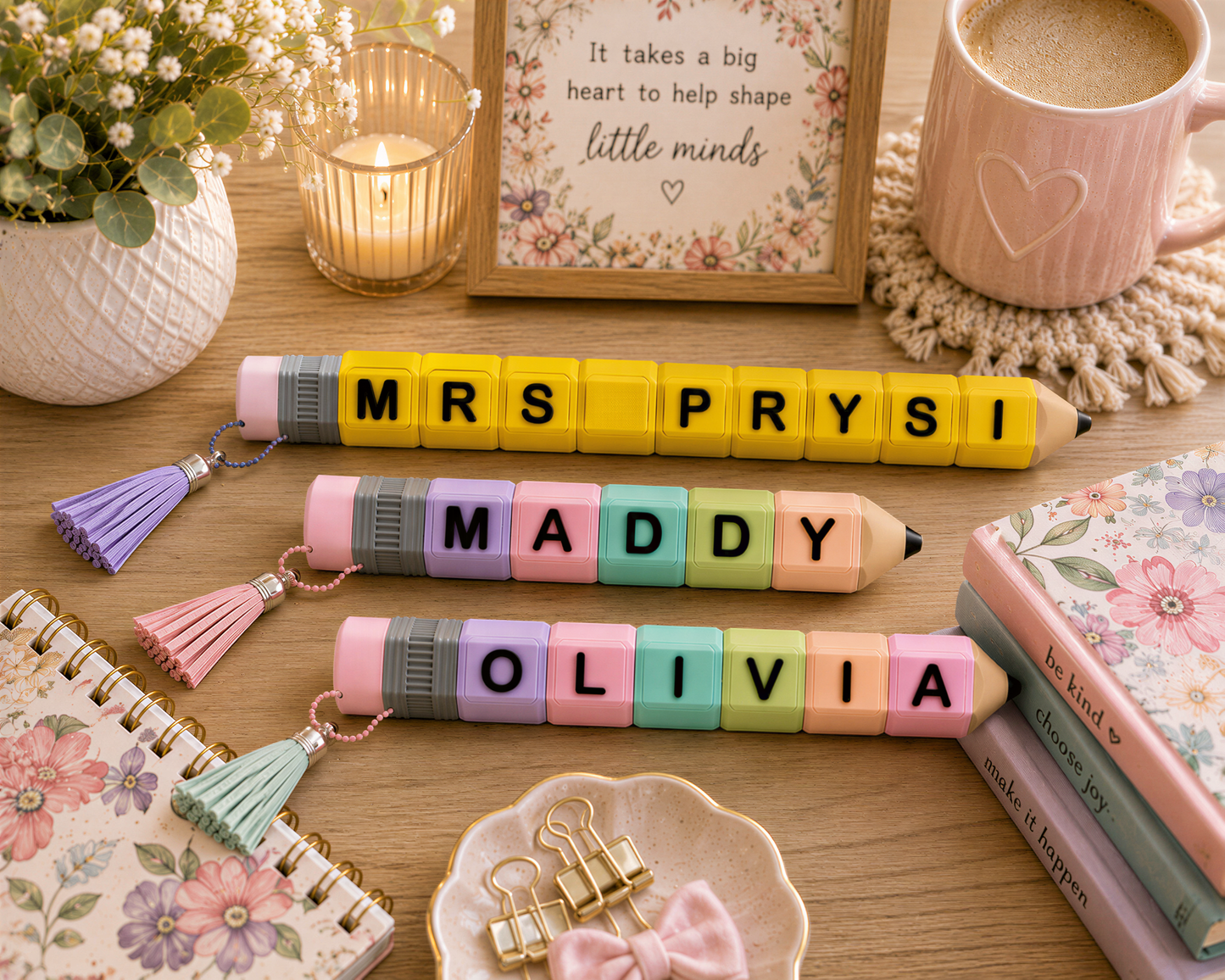 a desk with various items, including a candle, a mug, a potted plant, and a framed quote. There are also three pencils arranged in a way that spells out the names "MRS PRYSI", "MADDY", and "OLIVIA".