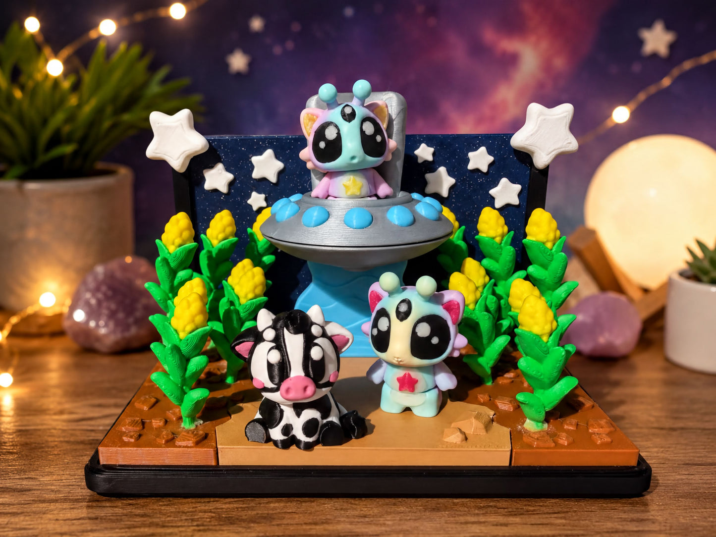 A whimsical display featuring three colorful, cartoonish animal figurines set against a starry night sky backdrop, with a spaceship and other celestial elements.