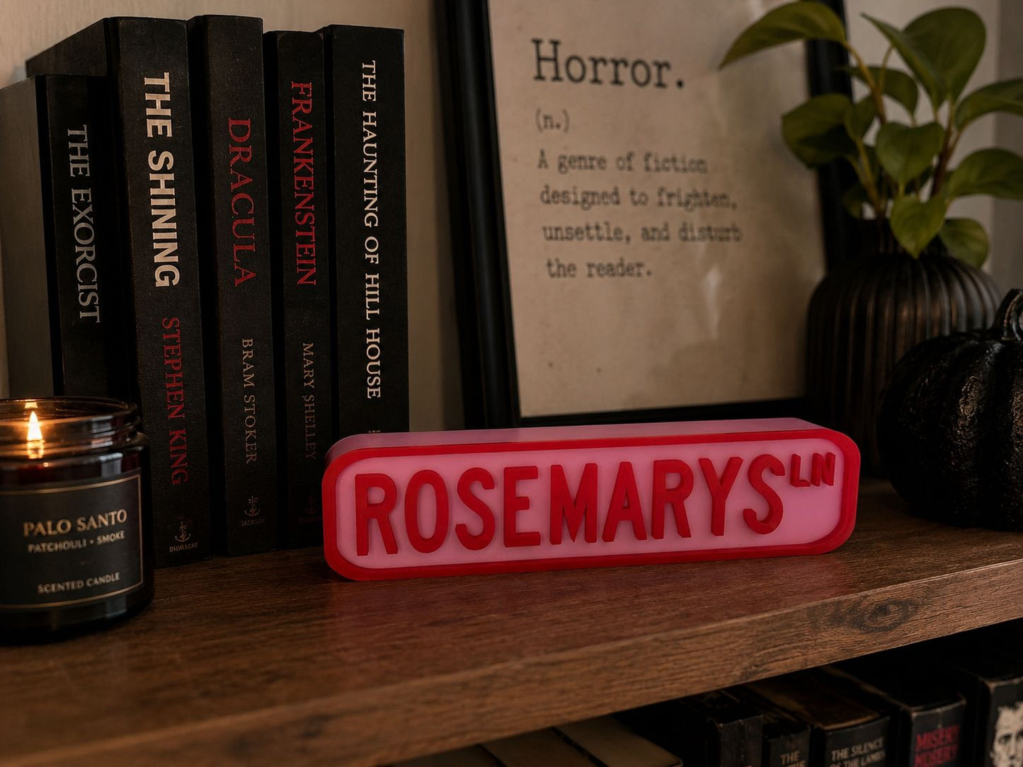 a bookshelf with several books, a candle, and a framed definition of " Horror" on the wall.