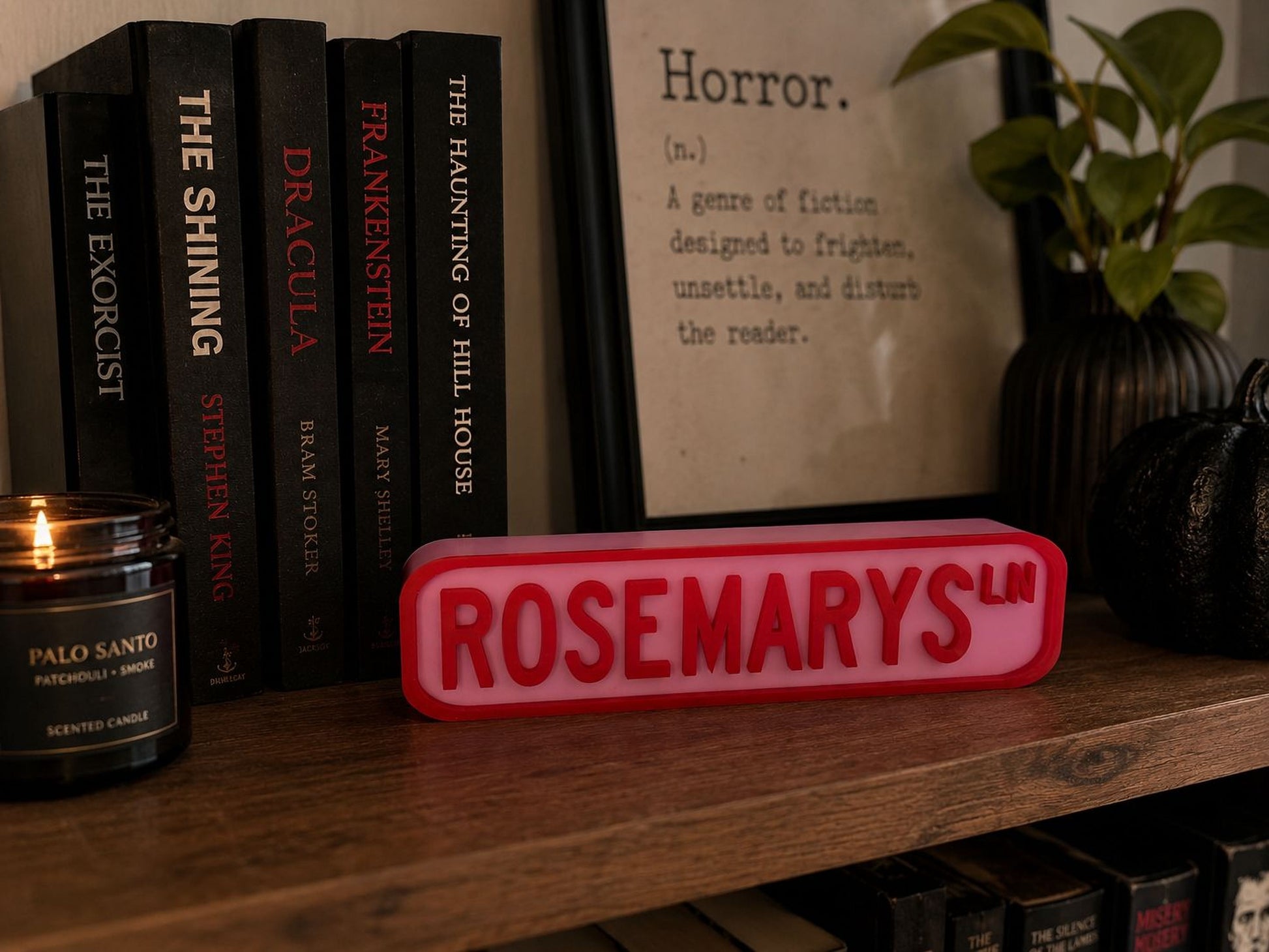 a bookshelf with several books, a candle, and a framed definition of " Horror" on the wall.