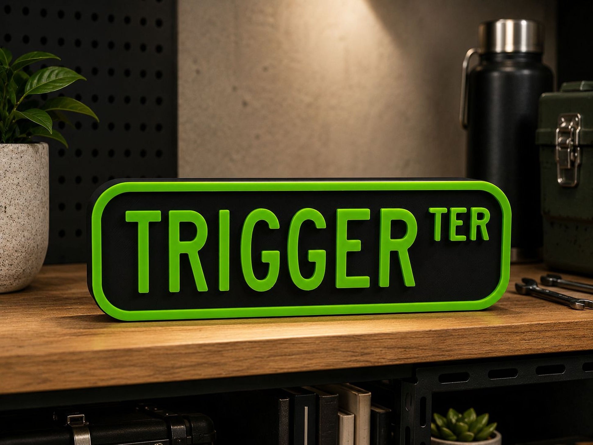 a green and black rectangular sign with the word "TRIGGER" written on it, placed on a wooden surface.
