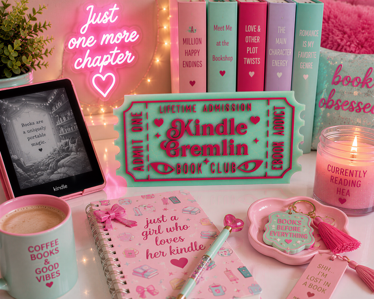 a collection of pink and teal-colored items, including a Kindle e-reader, a book, a candle, a mug, and a notebook, all arranged on a white surface.